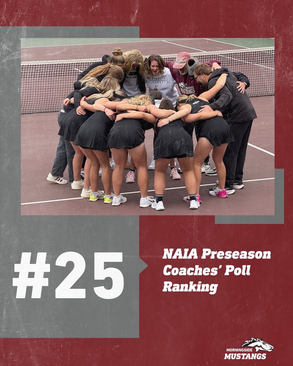 MsideUTennis's tweet photo. Huddle up, we made more history! 📈 

Men ➡️ No. 13 (highest coaches’ poll ranking in Morningside and GPAC Conference history)

Women ➡️ No. 25 (first time ranked top 25 in coaches’ poll in school history)

#PonyUp #Top25 #FourFoundations #MoreisRequired #RollStangs 🐴 https://t.co/4ff02qbxR5
