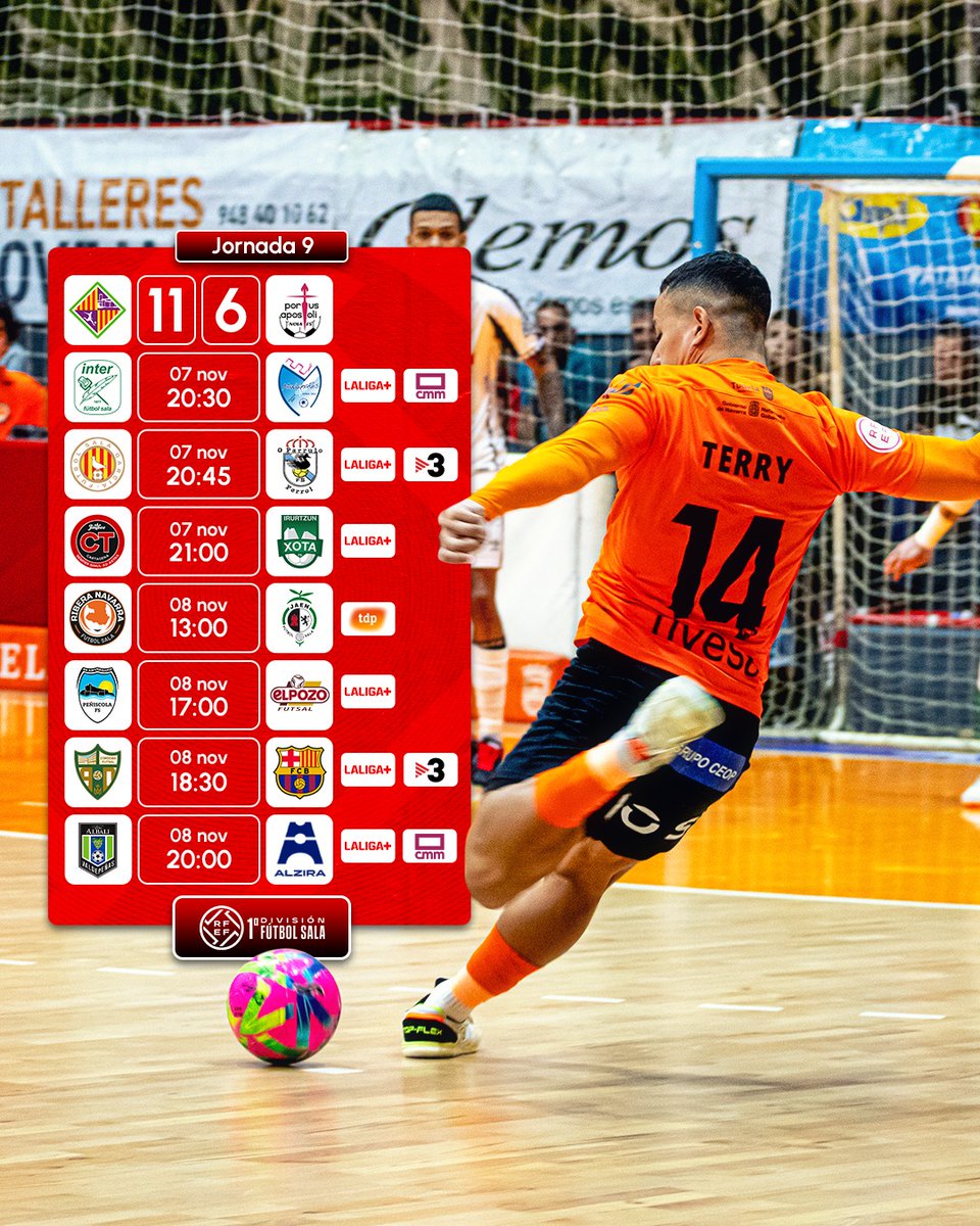FutSalRFEF's tweet photo. ⏰ 𝐇𝐨𝐫𝐚𝐫𝐢𝐨𝐬 𝐉𝐨𝐫𝐧𝐚𝐝𝐚 9⃣ | #PrimeraDivisiónFS.

👀 Siete nuevos partidazos para culminar una fecha en la que ya se disputó un encuentro.

📺 Disfruta de un fin de semana de puro espectáculo en @LaLigaPlus y @teledeporte   

#FutsalRFEF https://t.co/TzMT3Z6WHu
