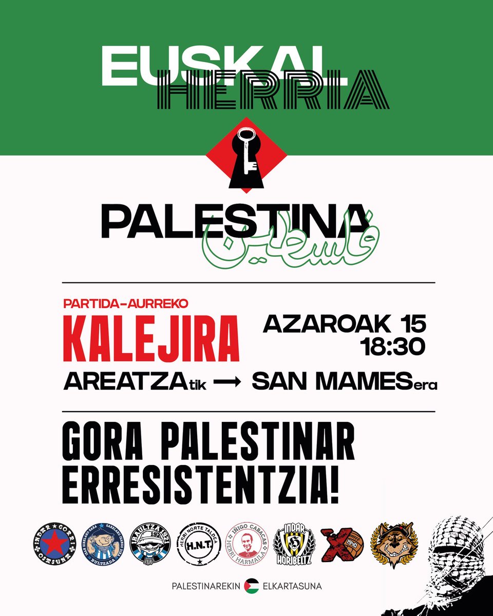 🇵🇸⚽️ PRENTSAURREKOA

San Mamesen batu gara gaur euskal taldeen harmailak eta Palestinarekin Elkartasuna plataforma, azaroaren 15erako elkarrekin antolatu dugun kalejiraren berri emateko.

GORA EUSKAL SELEKZIOA!
GORA PALESTINAR ERRESISTENTZIA!
