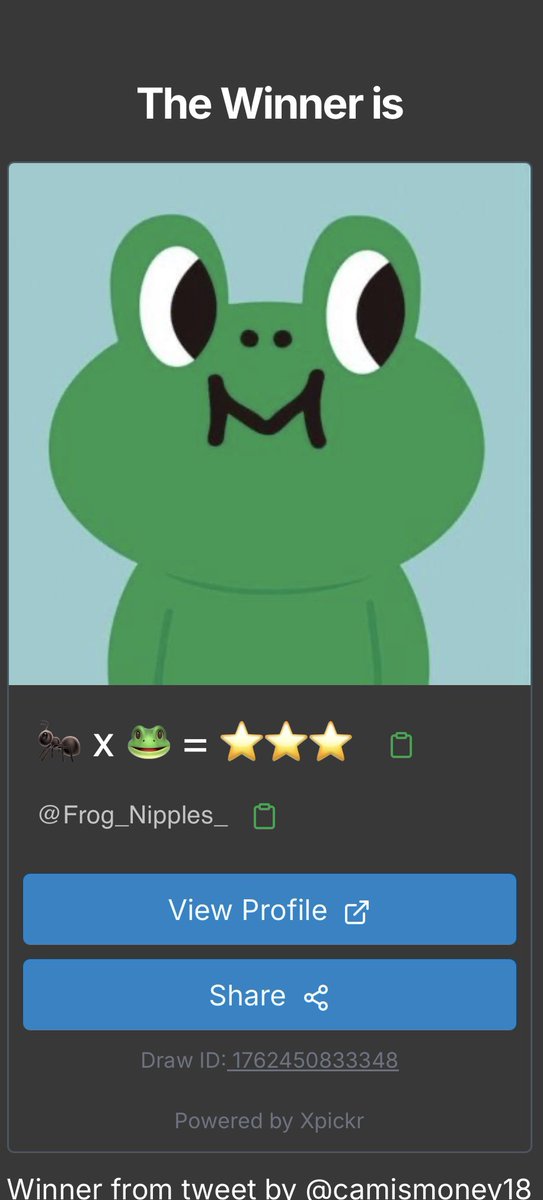 Giveaway winner <a href="/Frog_Nipples_/">🐜 x 🐸 = ⭐️⭐️⭐️</a> 

Shoot me a DM🤙🏽