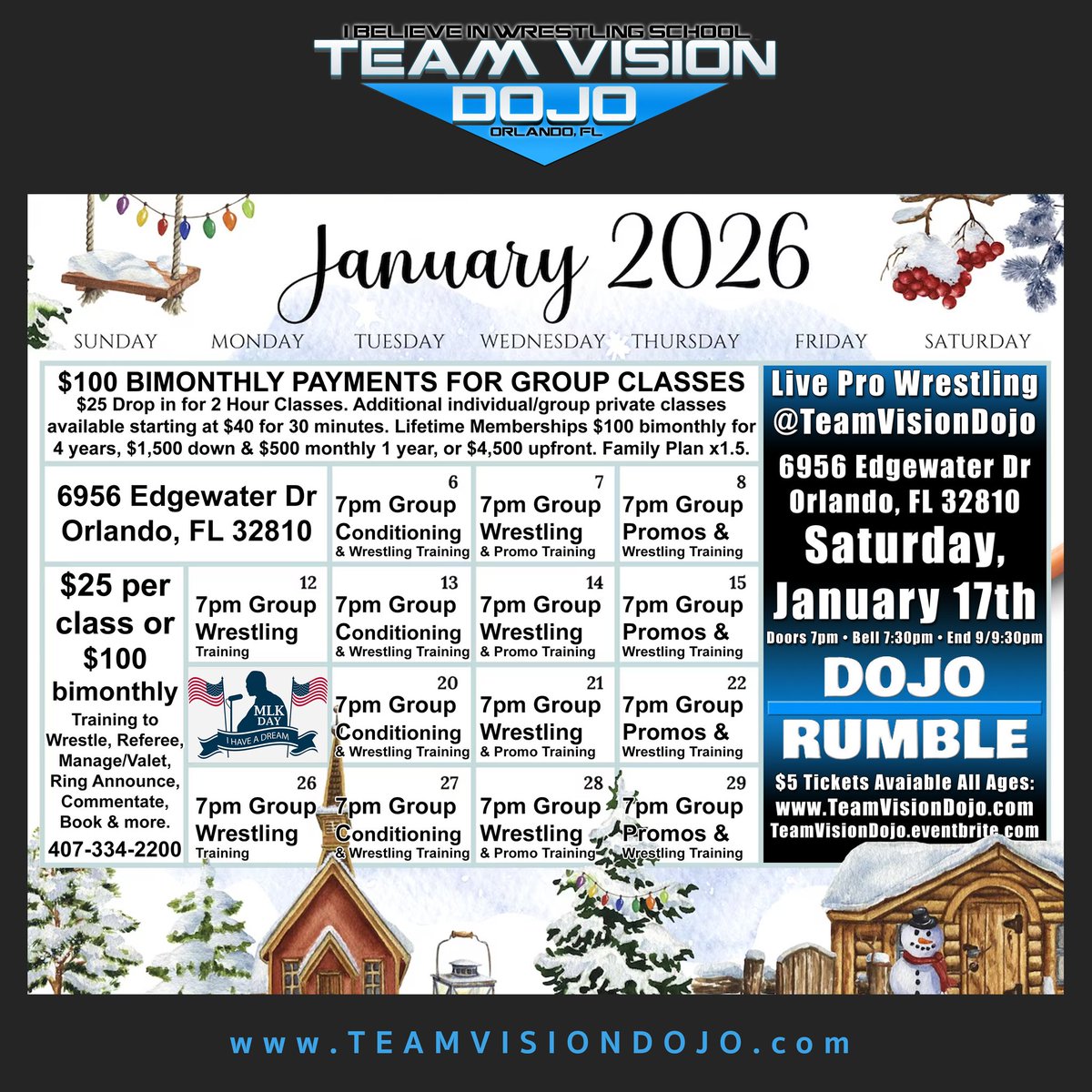 🏆 TEAM VISION DOJO INVITATIONAL 2 🏆

Saturday, November 15th, 2025
📍 Team Vision Dojo – Orlando, FL
Doors Open: 7:00 PM | Event Begins: 7:00 PM | Bell Time: 7:30 PM

#Orlando #OrlandoFL #ProWrestling #wwe #wweorlando #wwenxt #wweraw #smackdown #aew #wrestling #teamvisiondojo