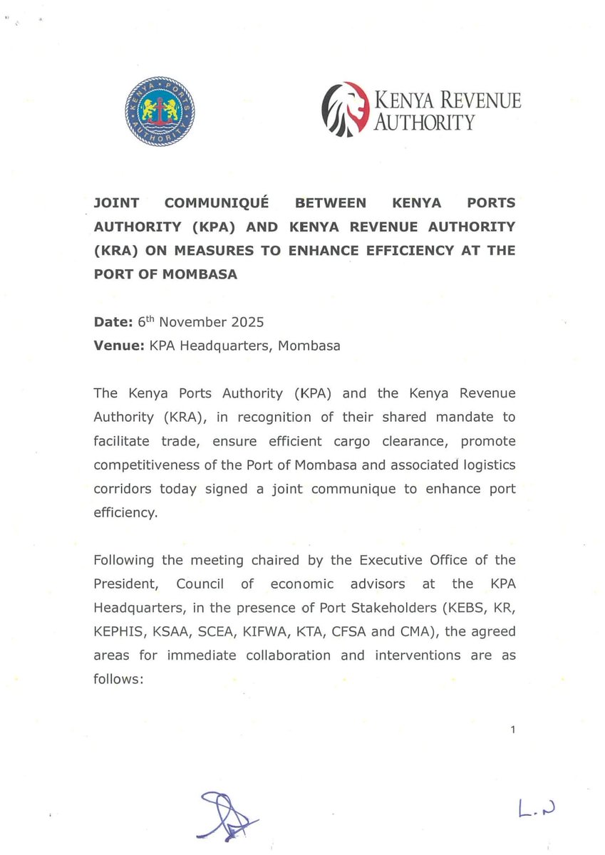 Kenya_Ports's tweet image. Joint Comminique between Kenya Ports Authority  and Kenya Revenue Authority on measures to enhance efficiency at the Port of Mombasa.
@KRACare
@KRACorporate