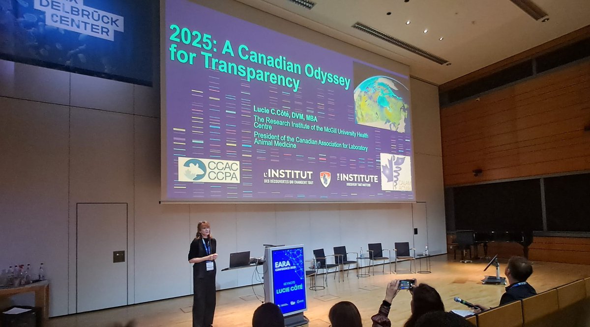 The_EARA's tweet photo. #EARA2025 day 1 is coming to an end, but not before our evening keynote Lucie Côté, from the Research Institute @mcgillu, tells us about the road to #transparency on animal research in Canada, highlighting recent efforts to establish a national transparency agreement. #AnimalResearch