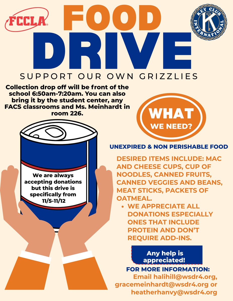 Dr_Shelmire's tweet photo. We have a food drive happening every morning before school until November 12!  All food is going directly to our own Grizzlies!!!  Thank you to everyone who has already contributed! 🧡💙 @FacsNp https://t.co/F5Nli7t5m1
