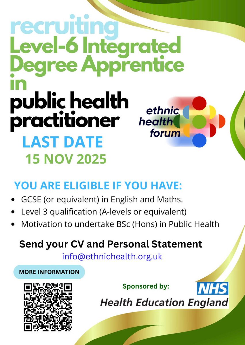 💡 Kickstart your career in #PublicHealth! 🌿

Earn, learn &amp; make a difference with our Level-6 Degree #Apprenticeship in Public Health Practitioner 💚

📅 Apply by 15 Nov 2025
📧 info@ethnichealth.org.uk

#NHS #HealthEducationEngland #Manchester #Salford #EHF #CommunityHealth