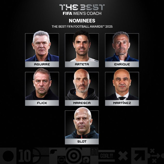 Grid layout displays ten headshot photos of male football coaches in formal attire against black backgrounds with white text labels below each image naming Aguirre Arteta Enrique Flick Maresca Martinez Slot and four others arranged in three rows with THE BEST FIFA MENS COACH and THE BEST FIFA FOOTBALL AWARDS 2025 headers at the top.