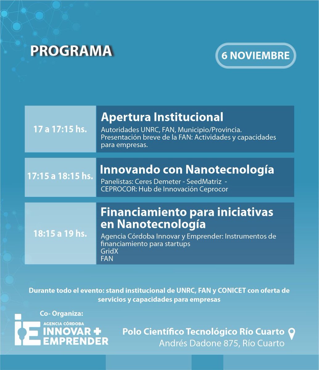 SeCyTUNRC's tweet photo. 2das Jornadas Nano País Río Cuarto 2025
📅 6 y 7 de noviembre 
📍 Campus UNRC y Polo Científico Tecnológico

Conectaremos ciencia, innovación y producción. Conferencias, paneles, pitch de proyectos y networking.

🧬 Salud 
🌾 Agroindustria y Alimentos 
⚡ Energía y Materiales https://t.co/e6UxdMIN7S