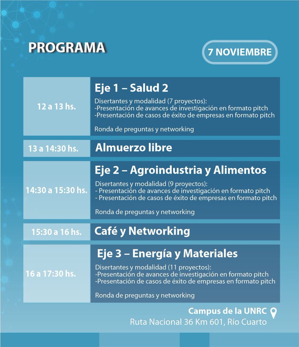 SeCyTUNRC's tweet photo. 2das Jornadas Nano País Río Cuarto 2025
📅 6 y 7 de noviembre 
📍 Campus UNRC y Polo Científico Tecnológico

Conectaremos ciencia, innovación y producción. Conferencias, paneles, pitch de proyectos y networking.

🧬 Salud 
🌾 Agroindustria y Alimentos 
⚡ Energía y Materiales https://t.co/e6UxdMIN7S