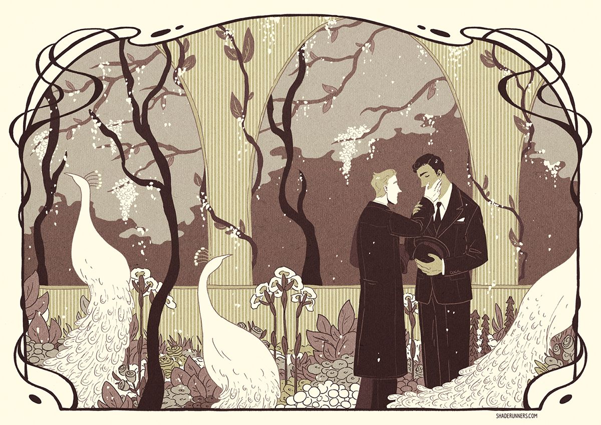 This is a thread all about mine and <a href="/linkeepsitreal/">Lin Darrow | Ghosts & Noir Stuff</a> queer noir webcomic Shaderunners.com, a historical fantasy comic where the alcohol prohibition in the 1920s is instead a prohibition of COLOUR 🍸💚 The archive is big, it’s free to read, and the story is in its final act!