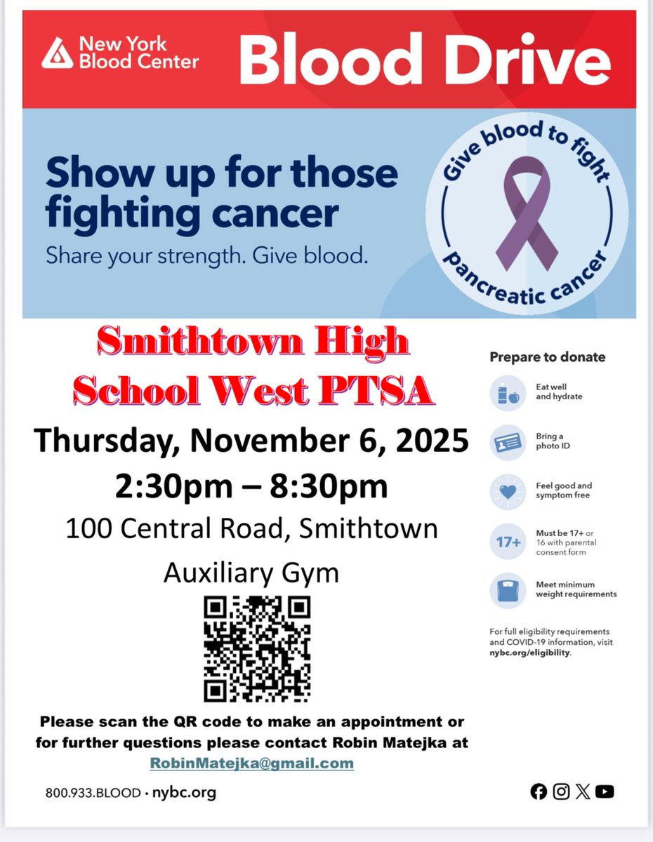 senatormattera's tweet photo. Thank you to the Smithtown High School West leadership class and the Parent Teacher Student Association (PTSA) for holding this very important blood drive!

Please support their efforts if you can today from 2:30 pm to 8:30 pm today.

Great work by all involved. https://t.co/gnOPP1pbOJ