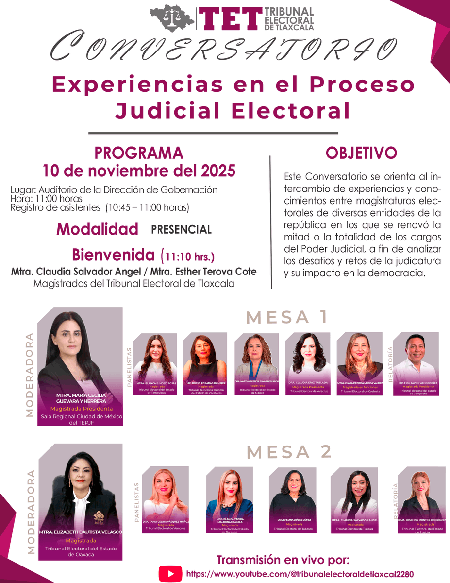 🎙️ Conoce el programa del Conversatorio “Experiencias en el Proceso Judicial Electoral” 

En este encuentro presencial, autoridades jurisdiccionales de distintas entidades del país compartirán sus perspectivas sobre los retos y aprendizajes de la Elección Judicial 2025.