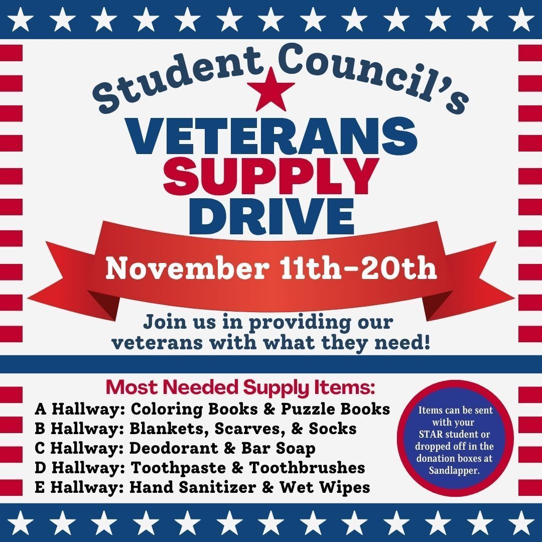 StuCo's Veterans Supply Drive is almost here! Help us give back to our veterans by donating these important items between November 11th &amp; 20th. Thank you for supporting this wonderful cause!  #VeteransSupplyDrive #StudentCouncil #GivingBack #SupportOurVets