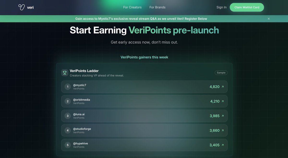 start earning VeriPoints!

VP can be earned in 3 ways:
💠 referring friends
💠 completing content tasks
💠 joining campaigns

then redeem VP to use the AI co-manager and upcoming tools!

or hold on to your VP to convert to bigger rewards later.