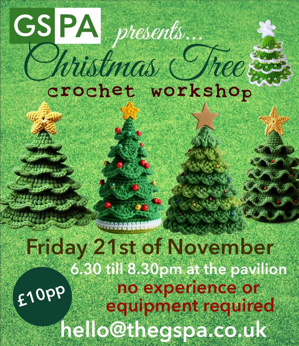 Calling all crafters! 

Our next crochet workshop takes place on Friday 21st of November from 6.30-8.30pm at The Pavilion.

We’re feeling festive (the allure of the upcoming Christmas Fair?!) so this time we’re making Christmas trees 🎄🌲