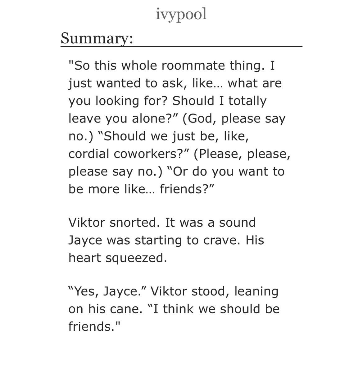 ✧.*  v’s fic rec &amp; review #21

Me [28M] with my roommate of 1 year [31M], I'm worried I might be homophobic towards him? by ivypool (<a href="/lesbianivypool/">ivypool</a>)

jayce pov, bisexual crisis, slow burn, roommates/coworkers, trans viktor

*also known as “reddit fic”

archiveofourown.org/works/61474882…