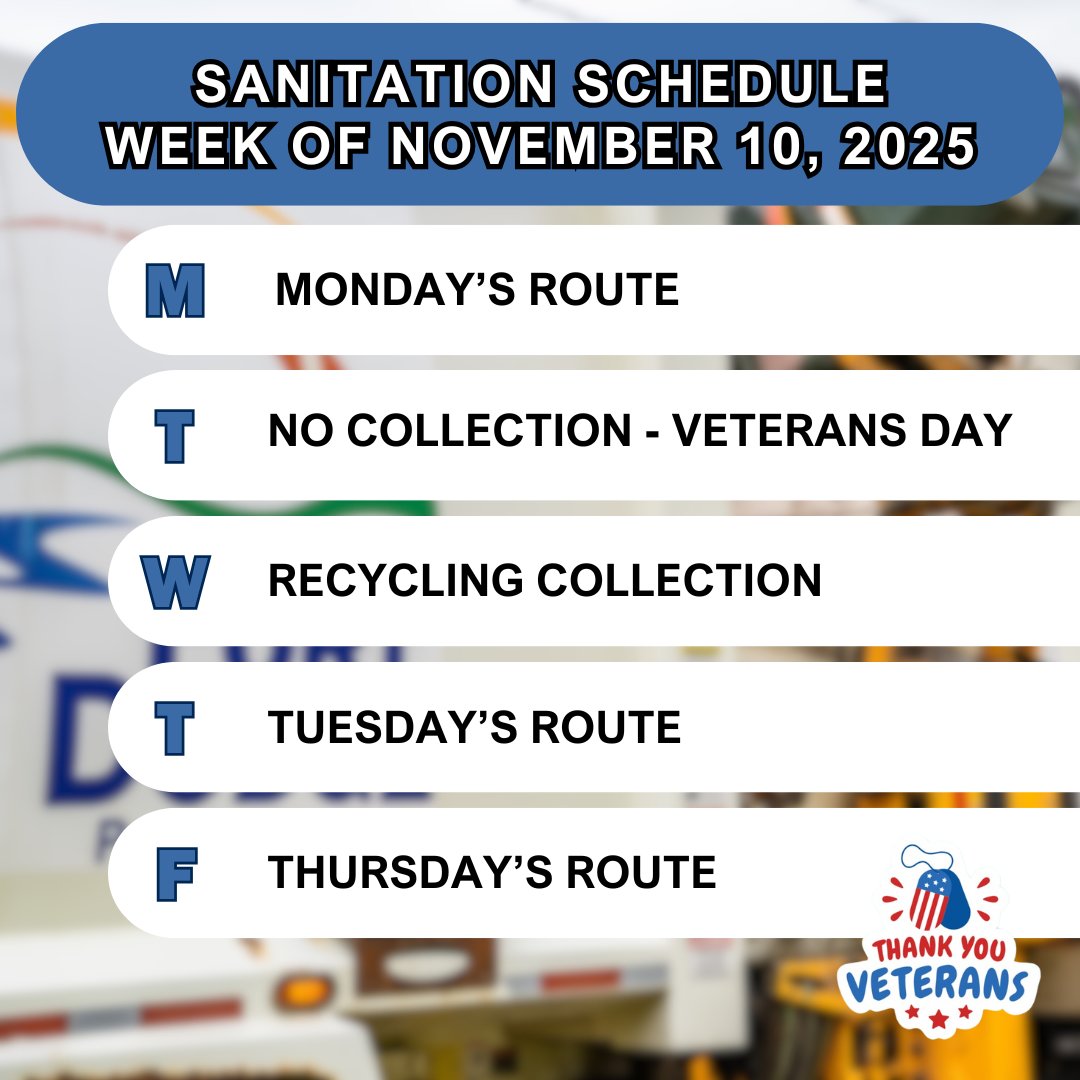 FDCITY's tweet image. 📢 Fort Dodge Residents: Veterans Day affects garbage pickup! 🚛

- Mon, Nov 10: Regular collection
- Tue, Nov 11: Moved to Thu, Nov 13
- Wed, Nov 12: Regular recycling
- Thu, Nov 13: Moved to Fri, Nov 14

Place carts by 5 AM! No return trips.