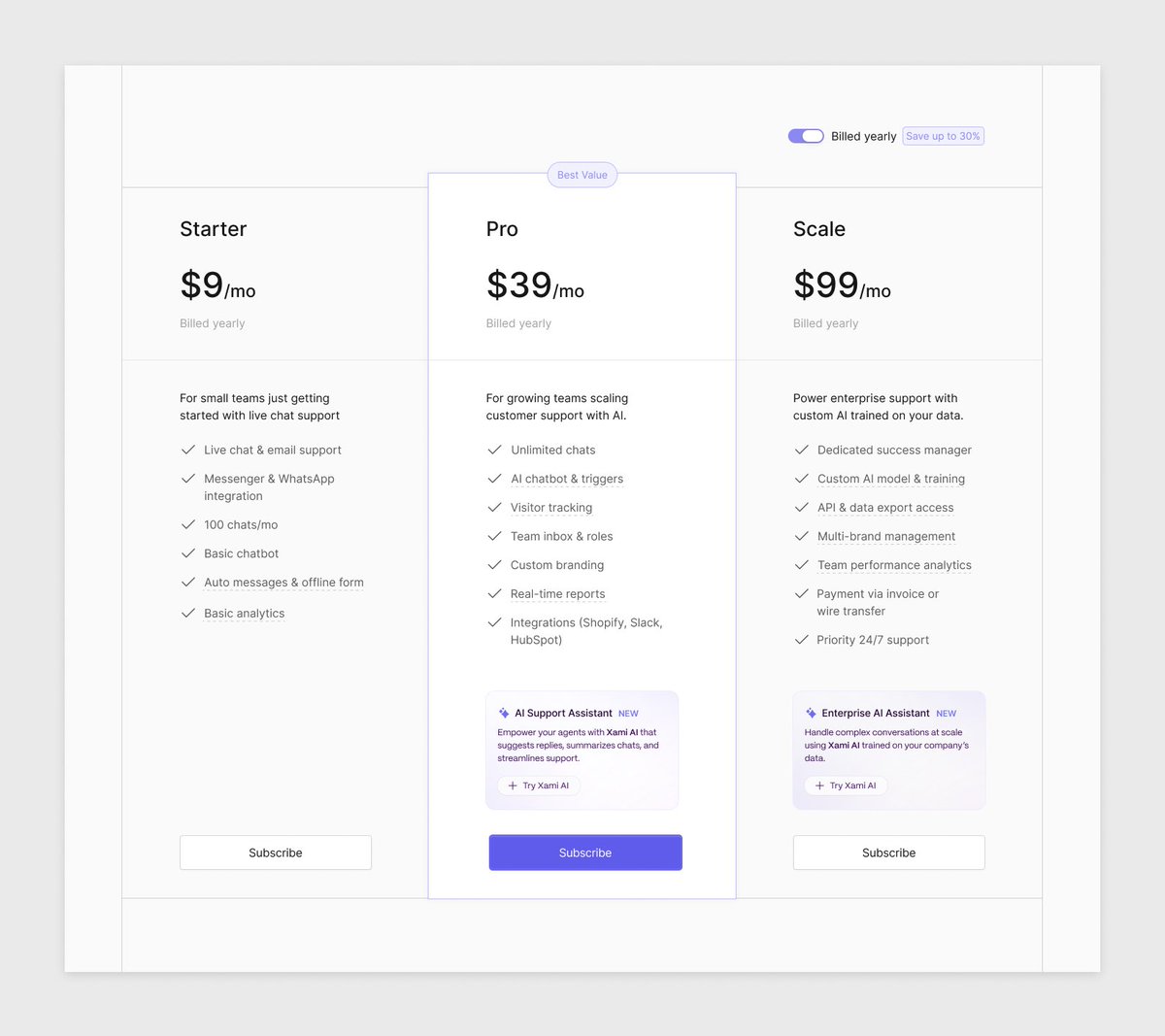 Bumblebee_Bam's tweet image. Best Pricing Section for a LiveChat SaaS you’ll see today 😗