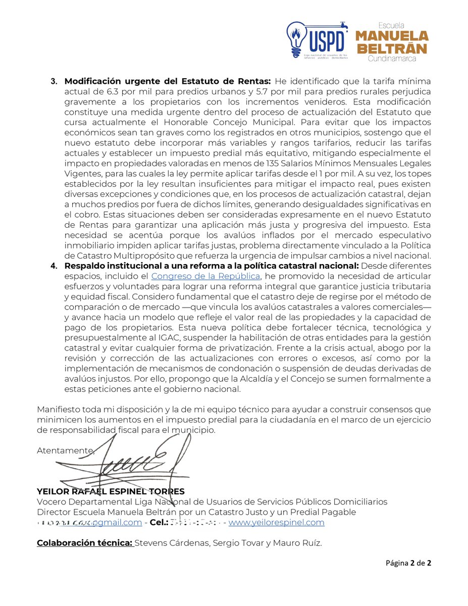 Radiqué al Alcalde <a href="/nelsonhparra/">Nelson Parra</a> y al  <a href="/MosqueraConcejo/">Concejo Mosquera</a> nuestros análisis y propuestas para un catastro justo y predial pagable en #Mosquera. Desde la <a href="/LigaUSPD/">Liga Nacional de Usuarios de Servicios Públicos</a> y la Escuela Manuela Beltrán seguimos trabajando por #Cundinamarca. Con nuestro equipo quedamos atentos a su respuesta.