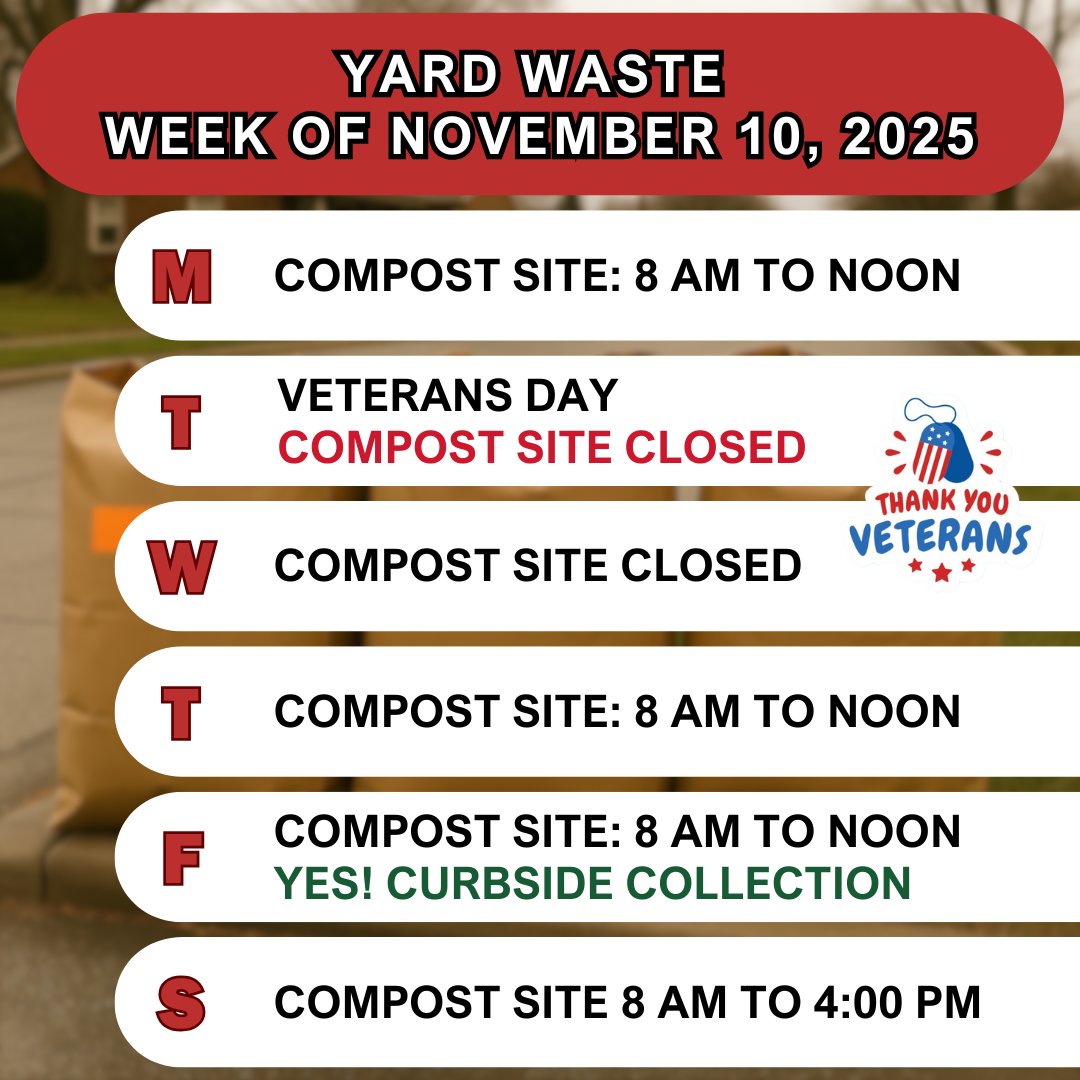 FDCITY's tweet image. 📢 Fort Dodge Residents: Veterans Day affects garbage pickup! 🚛

- Mon, Nov 10: Regular collection
- Tue, Nov 11: Moved to Thu, Nov 13
- Wed, Nov 12: Regular recycling
- Thu, Nov 13: Moved to Fri, Nov 14

Place carts by 5 AM! No return trips.