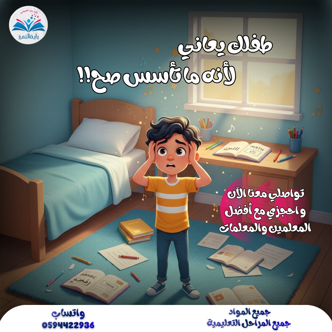 تحسين طفلك يعاني؟ 😔
و السبب إن أساسه مو مضبوط من البداية!
خليه يبدأ من جديد مع أكاديمية راية التميز 👩‍🏫💪
بشرح بسيط.. وأسلوب يفهمه على قدر استيعابه ❤️
تواصلي معنا الآن، واحجزي له مع أفضل المعلمين والمعلمات 🌟

📚 جميع المواد – لجميع المراحل
📞 واتساب: 0594422936
#تعليم_الرياض