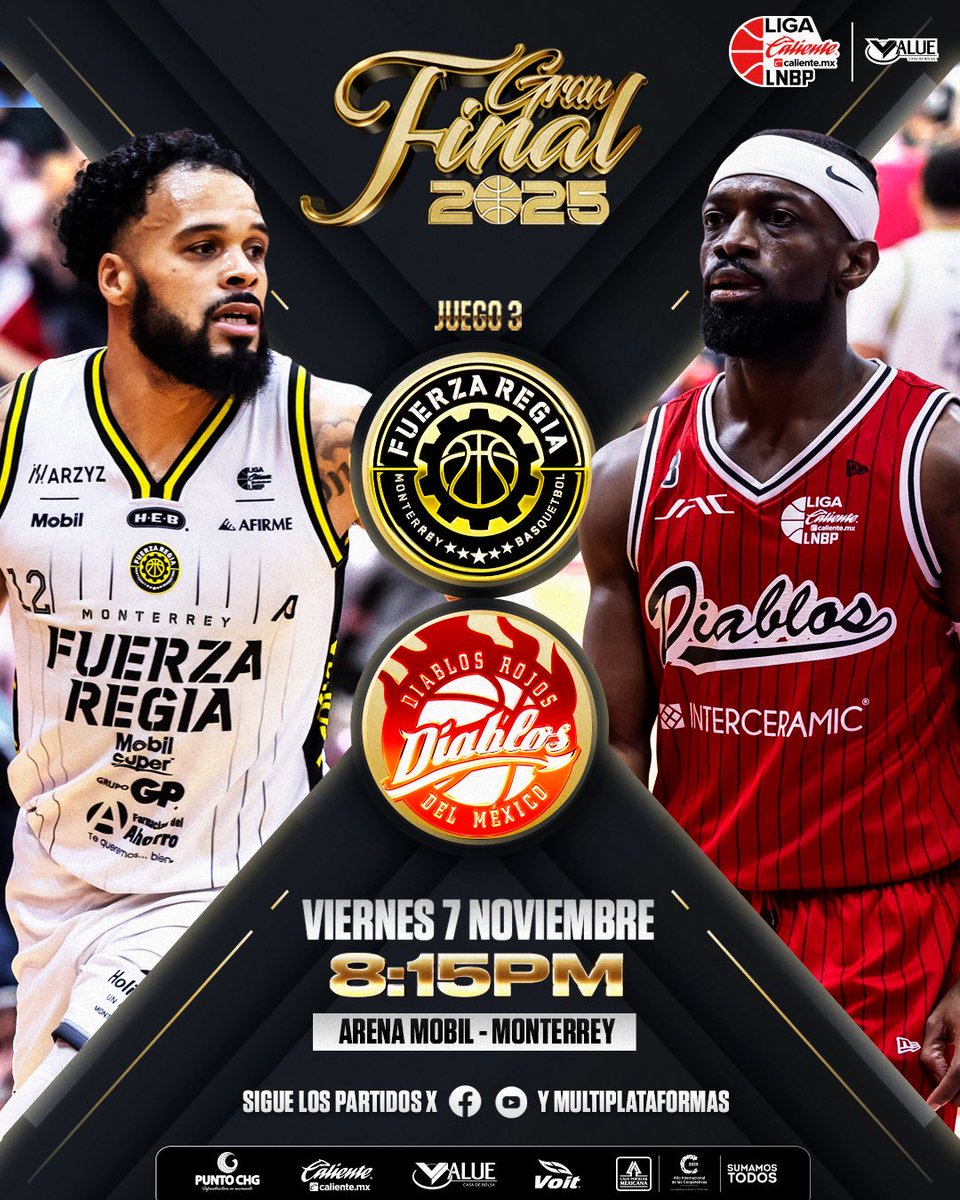 🫡| NOS VEMOS EN EL 3er JUEGO DE “LA GRAN FINAL LNBP 2025”🏆🔥

Liga Caliente.mx LNBP 🔥🏀
#MarcandoLaDiferencia  #Temporada2025

<a href="/Fuerza_Regia/">Fuerza Regia</a> <a href="/DiablosBasquet/">DiablosRojosBasquetbol</a> 
 <a href="/calientesports/">Caliente Sports</a> @puntochg @valuegf <a href="/CajaMexicana/">Caja Popular Mexicana</a> <a href="/voit_mx/">Voit</a>