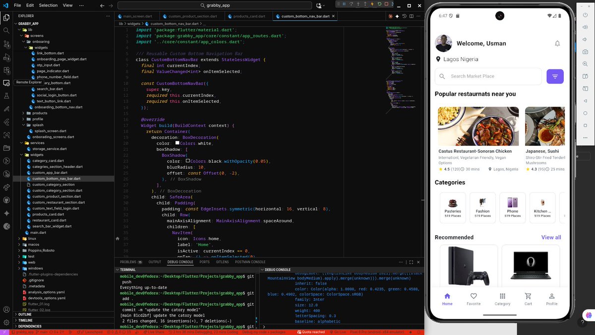 dev_useee's tweet photo. every pixel and logic is one step turning imagination into reality๐ซถ we leanr and build, finish the home screen and category screen of Grabby.
-> Next is to build the restaurant profile screens. still griding to Night lockdn. #Flutter #BuildInPublic. https://t.co/9E7u83v7Xk