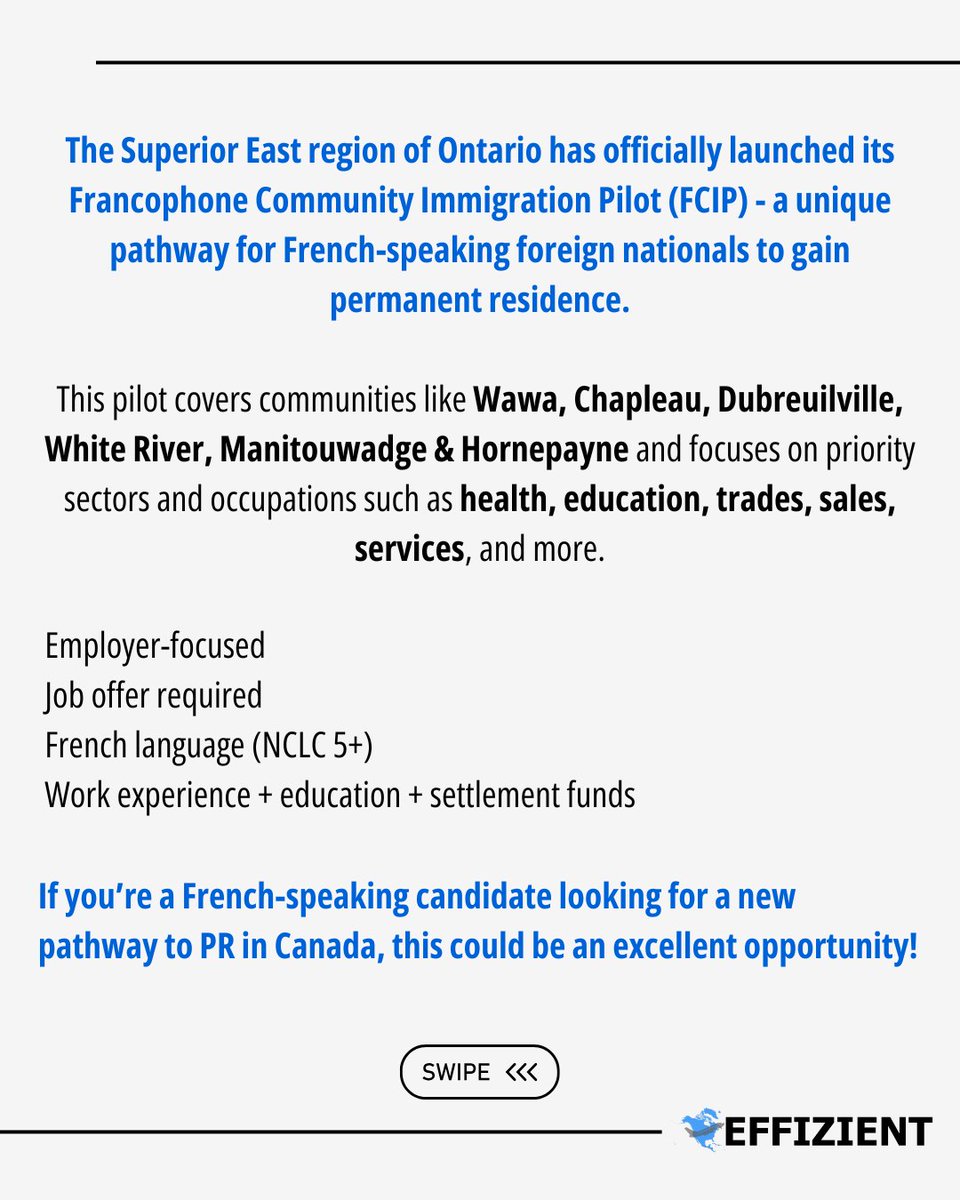 effizientcanada's tweet image. Ontario’s Superior East region has launched the Francophone Community Immigration Pilot (FCIP) - a new PR pathway for French-speaking skilled workers.

Swipe to know more

#CanadaPR #FCIP #OntarioImmigration #FrancophoneImmigration #CanadianImmigration