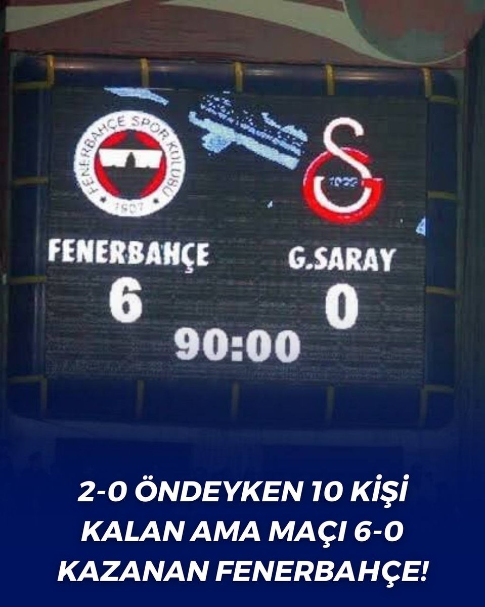 Galatasaray karşısında 2-0 öndeyken 10 kişi kalan ama maçı 6-0 kazanan Fenerbahçe.

Onlar yerken utanmadı biz paylaşırken mi utanacağız :)

#6Kasım2002
