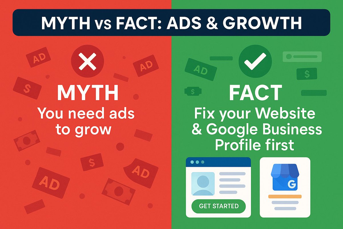 RedSkyBiz's tweet image. 🚫 Myth: You need ads to grow.
✅ Fact: Fix your website &amp;amp; Google Business Profile first. Ads can’t save a broken foundation — speed, CTA, reviews, and consistency matter most. 🔑

👉 redskybizsolutions.com
#SmallBusiness #MarketingTips