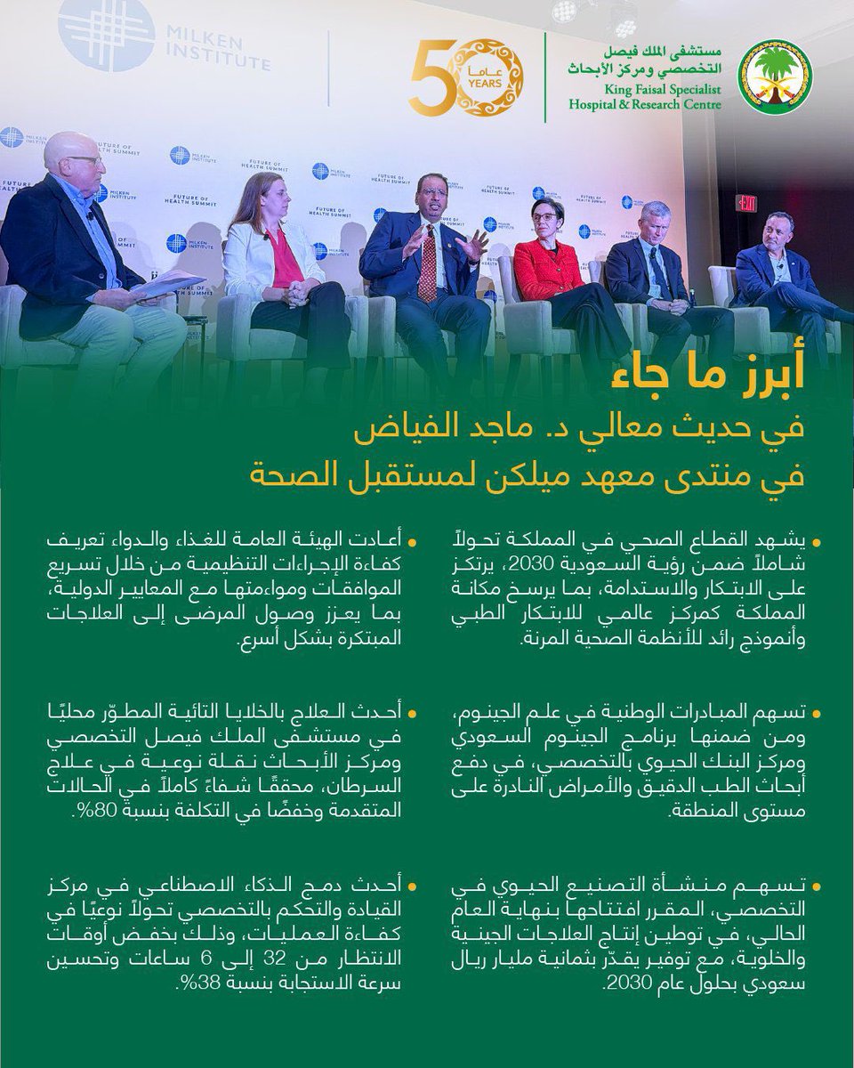 أبرز ما جاء في حديث معالي الرئيس التنفيذي لمستشفى الملك فيصل التخصصي ومركز الأبحاث د.ماجد الفياض <a href="/Malfayyadh/">ماجد الفياض</a> خلال مشاركته في منتدى معهد ميلكن لمستقبل الصحة في واشنطن .