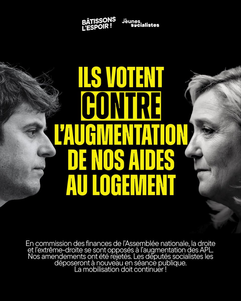 🔴 Ils votent contre l’augmentation de nos aides au logement !

Par une alliance allant de Renaissance au Rassemblement National, nos amendements pour augmenter les APL et la création d’une complémentaire logement ont été rejetés.

La mobilisation continue en séance !

#PLF2026