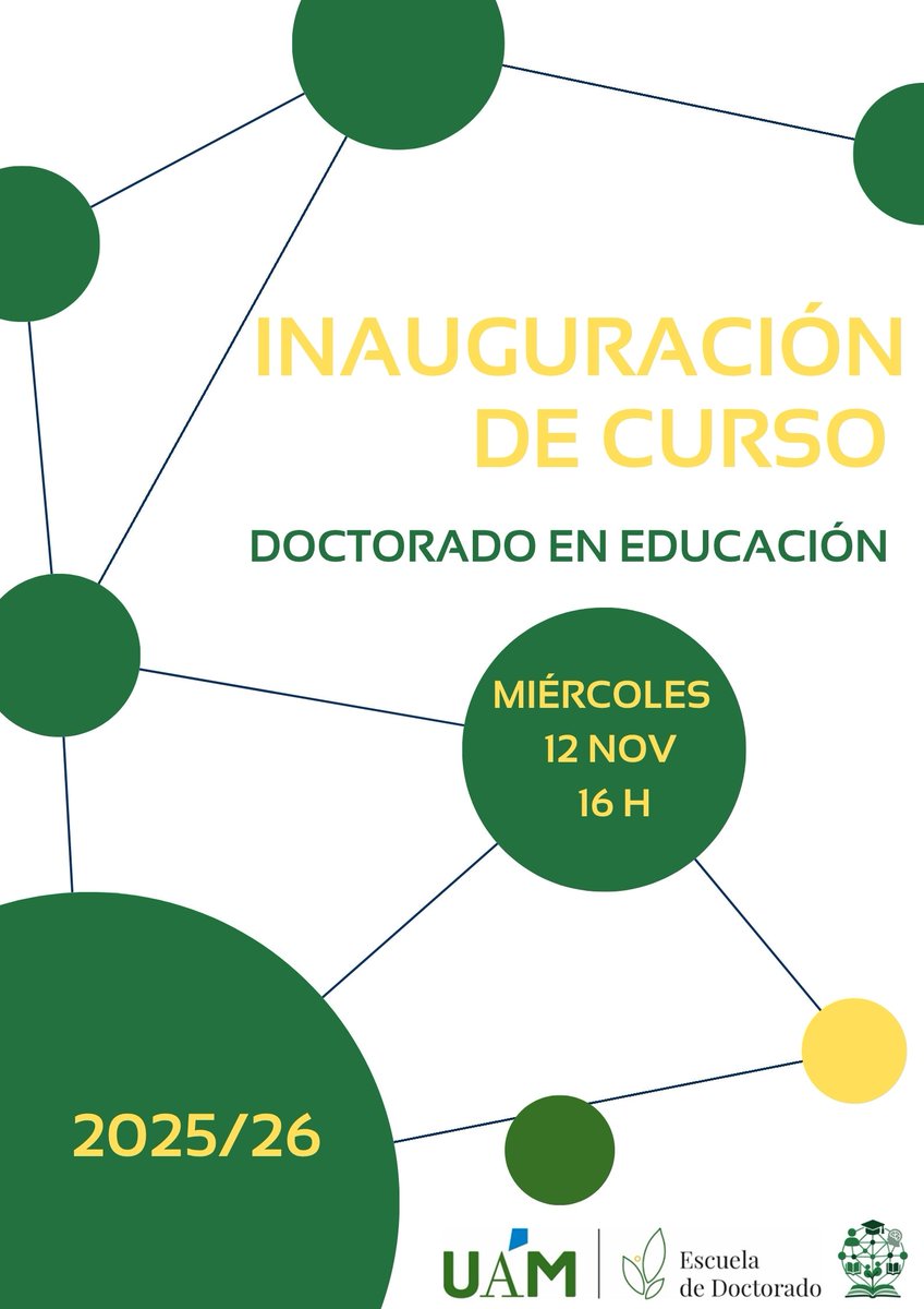 Este próximo MIÉRCOLES 12 NOV celebramos la INAUGURACIÓN DEL CURSO 2025-26 en el PROGRAMA DE DOCTORADO EN EDUCACIÓN <a href="/UAM_Madrid/">UAM Autónoma Madrid</a> 

A las 16:00 desde el seminario I-107 <a href="/FaculEDUAM/">FACULTAD DE FORMACIÓN DEL PROFESORADO Y EDUCACIÓN</a> (con opción de acceso en línea para doctorandos/as -ya habéis recibido la invitación-)...