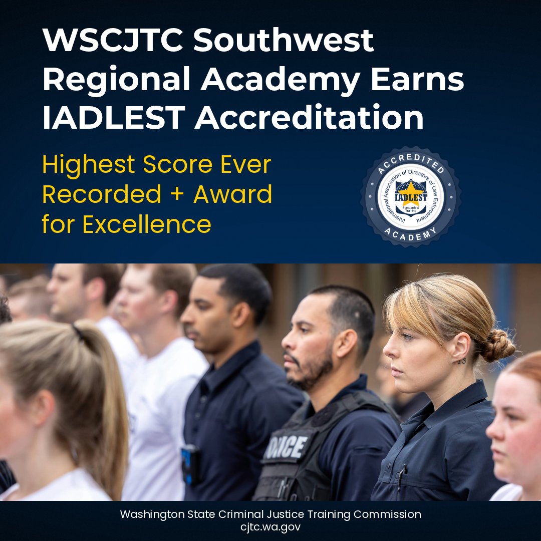 WSCJTC's tweet image. Breaking barriers again — WSCJTC’s Vancouver Campus has earned IADLEST Accreditation, scoring the highest in history + receiving the Award of Excellence.
Read more: bit.ly/3JwO5tt
#WSCJTC #IADLEST #PublicSafetyWA #LawEnforcementTraining