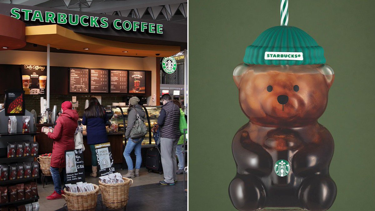 Breaking911's tweet image. Starbucks launched its 2025 holiday menu this week, featuring new and returning drinks—but the star is a $30 “bearista” cold-drink mug shaped like a honey bear with a green silicone beanie, already reselling on eBay for $150–$400.
