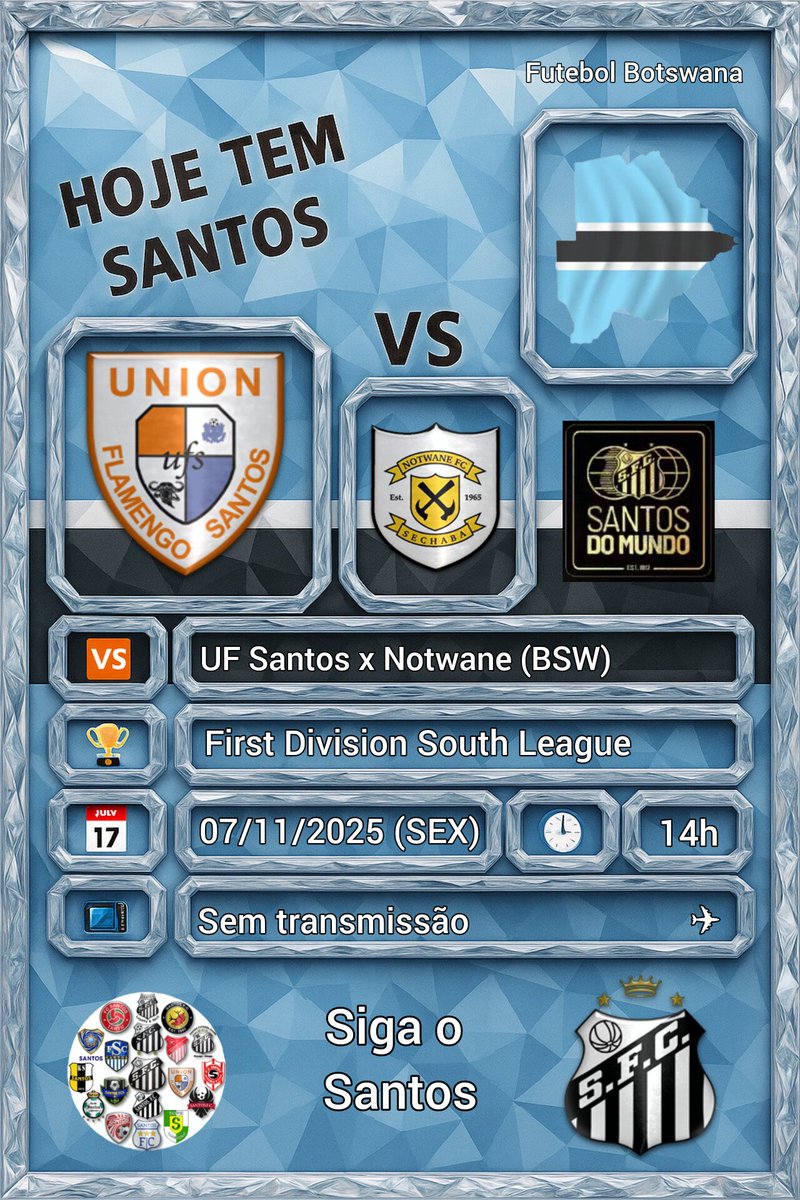 SigaoSantos's tweet photo. 🗓️ 🇧🇼⚽ UF SantoGabanes (BSW)
#PlacarSantos #AgendaSigaoSantos
Você sabia que hoje tem jogo do Santos? Não?
O #SantosGabane entra em campo no dia de hoje e você pode acompanhar o resultado aqui no #SigaoSantos
#SantosFC #SantosBotswana #UFSantos #SantosnoMundo @FlamingoSantos FC https://t.co/GSoaNofjoG