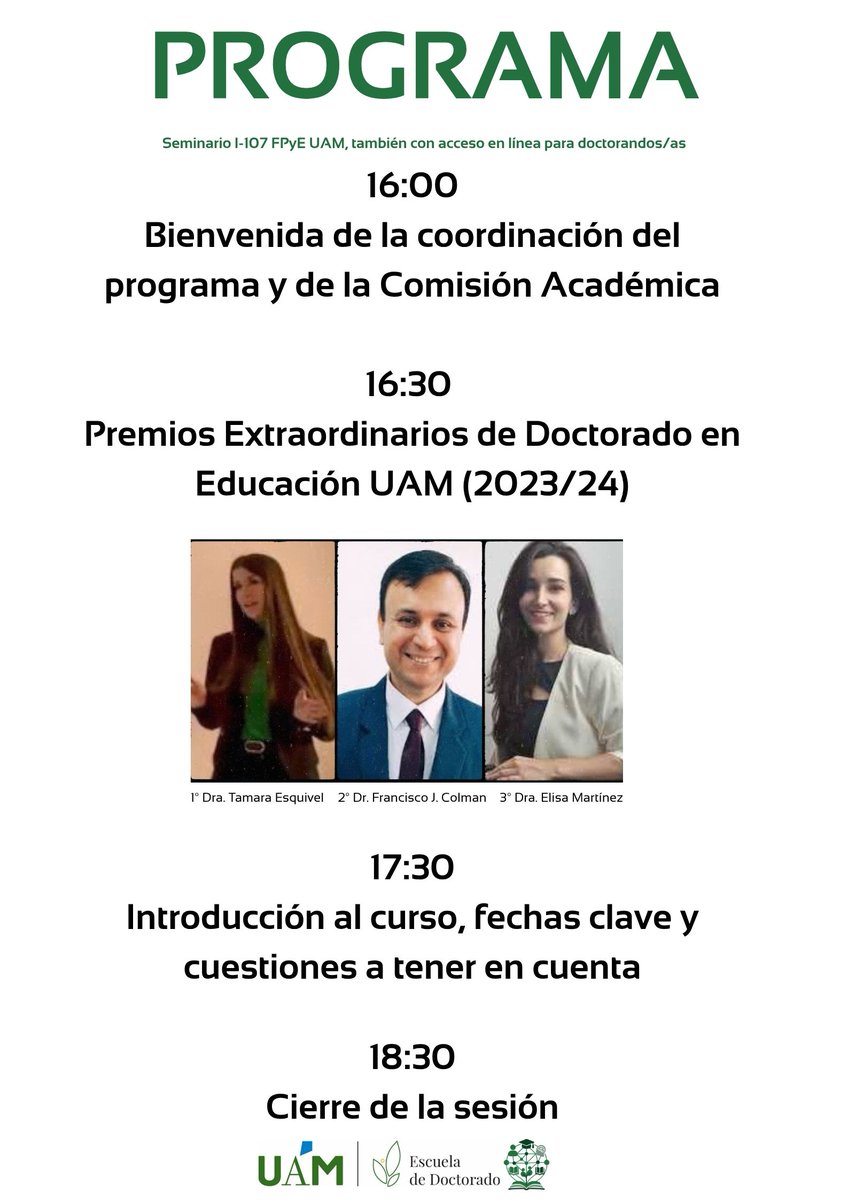 Un ocasión también para CELEBRAR y COMPARTIR con nuestras más recientes tesis doctorales reconocidas con el PREMIO EXTRAORDINARIO (defendidas el curso 2023/24):

🥇Dra. Tamara Esquivel <a href="/esquivel_uam/">Tamara Esquivel</a> 
🥈Dr. Francisco J. Colman <a href="/FranjaviColR/">Francisco Colman</a>
🥉Dra. Elisa Martínez

¡¡OS ESPERAMOS!!
