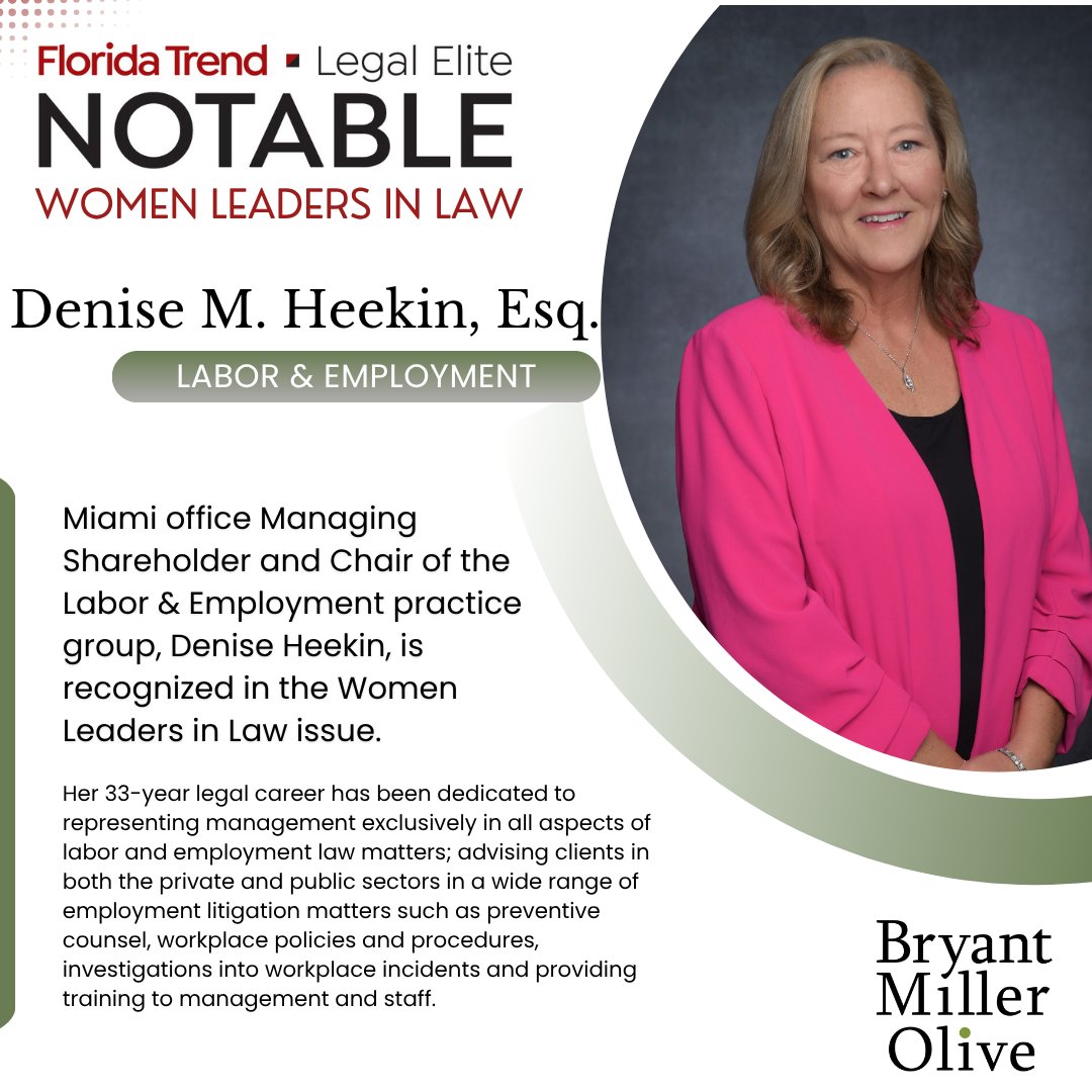 BMO_Law's tweet image. Three Shareholders and practice group chairs: Rhonda Bond-Collins, Jennifer Cowan and Denise Heekin, representing BMO’s Orlando, Tampa and Miami offices, respectively, are recognized in the November issue of @FloridaTrend.

For the full story, visit: linkedin.com/feed/update/ur…