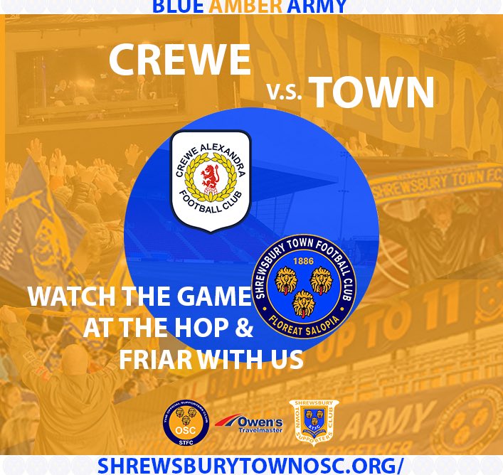 STFCOSC's tweet image. Details of the @STFCOSC Watch-Along for @ShrewsburyTown’s away game  at Crewe on Saturday.
 
shrewsburytownosc.org/post/crewe-wat…

#Salop
#BlueAmberArmy