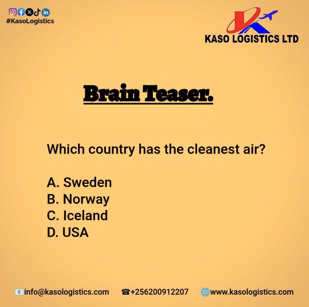 kaso_logistics's tweet photo. Which country’s air is so clean that every deep breath feels like a reset button for the lungs?
Drop the answer in the comment section below..👇
🌐https://t.co/QSYwLqwz5W
#BrainTeaser
#KasoLogistics #CleanAirChallenge #BreathOfTheEarth
#PureAirQuest #FreshAir https://t.co/eQBEsyuntj