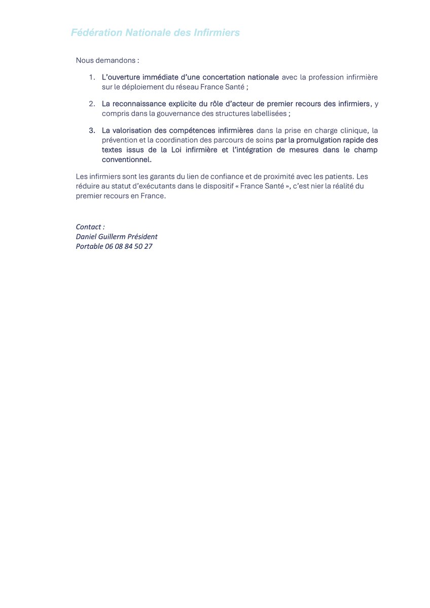 🚨 France Santé : les infirmiers encore relégués au second plan !
Le gouvernement vient de présenter un amendement créant le réseau « France Santé », censé améliorer l’accès aux soins partout en France.
Mais derrière l’annonce, une réalité inquiétante : les infirmiers, pourtant