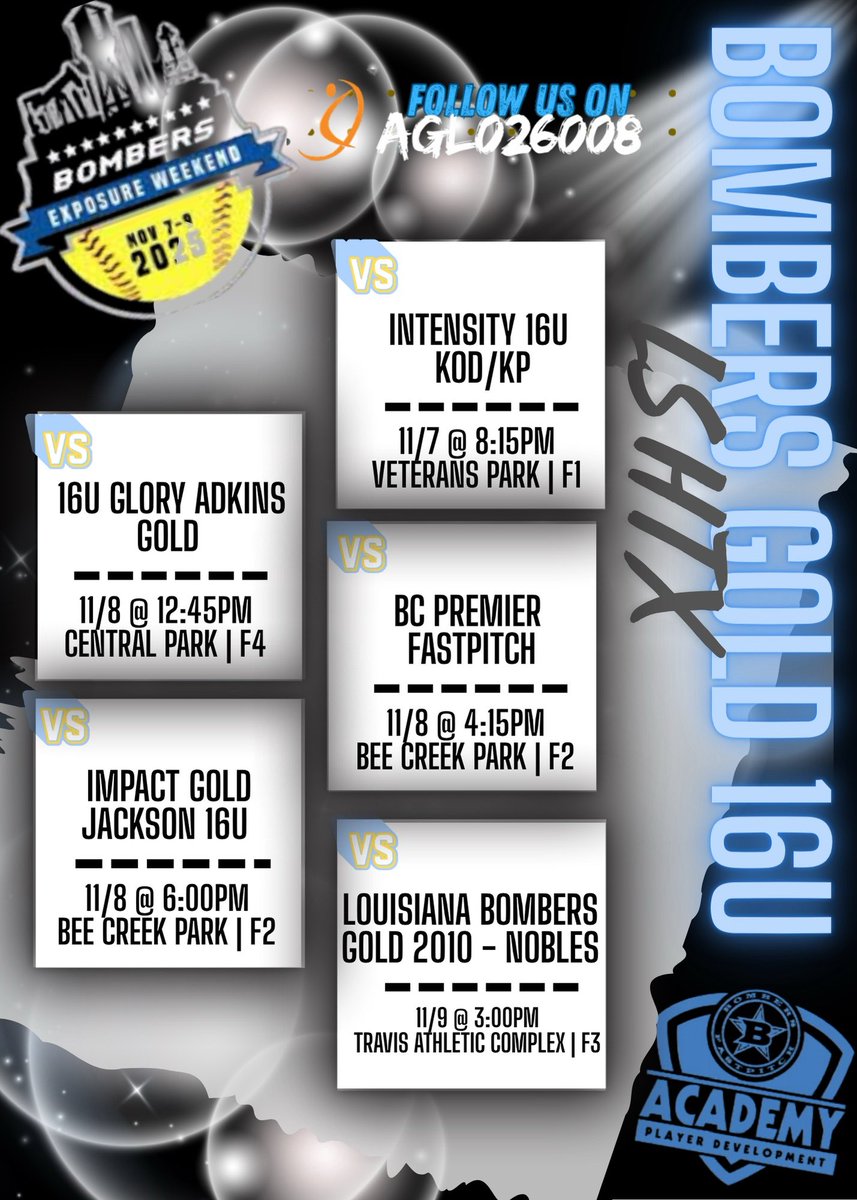 Excited for this showcase!Come out and watch 💪💪. 

11/7- 8:15P Veterans park|F1
11/8- 12:45P Central park|F4
11/8- 4:15&amp;6P Bee Creek Park|F2

<a href="/GrahmannMichael/">Michael Grahmann</a> <a href="/HalataBrian/">Brian Halata</a> 
<a href="/TOP_D1RECRUITS/">Softball Top Preps Retweet</a> <a href="/LineDsoftball/">Line Drive Media</a> 
<a href="/ExtraInningSB/">EXTRA INNING SOFTBALL</a> <a href="/SBRRetweets/">Softball Recruiting Reposts</a> 
<a href="/FIUSoftball/">FIU Softball</a> <a href="/SEUSoftball/">St. Edward's Softball</a> 
<a href="/sbsportsnetwork/">SB Sports Network</a>