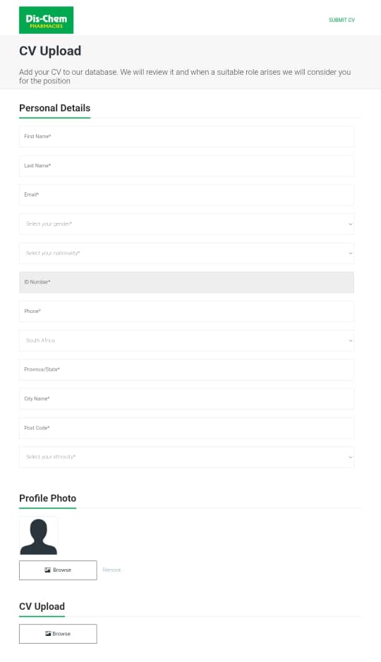 🔥Submit your CV At DisChem Database ASAP. They are taking CVs 

Average monthly salary: R15,200 - R25,900

Requirements:
-Minimum Grade 12 
- Honesty, integrity, reliability 
- Be able to work diligently in a pressurized environment.
-Hard working person

Submit your CV: