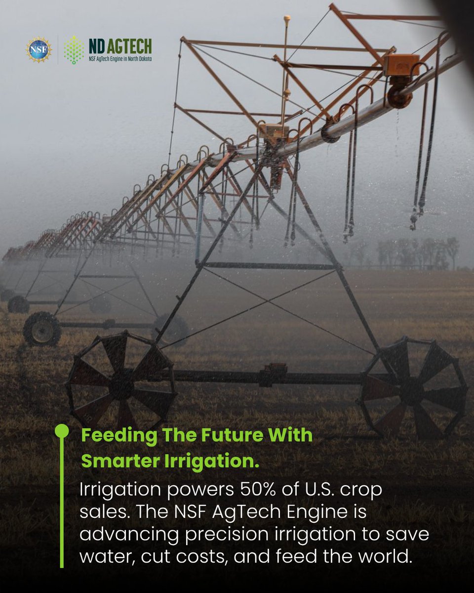 NDAgTechEngine's tweet image. By investing in precision irrigation, the NSF AgTech Engine in North Dakota is helping farmers do more with less, securing our global food supply. 🌐