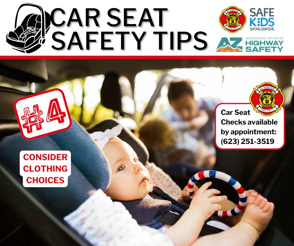 Car Seat Safety Tip #4 – Avoid dressing your child in bulky coats or blankets that can create extra space in the harness. The El Mirage Fire Department conducts FREE Car Seat Safety Checks by appointment (623) 251-3519. elmirageaz.gov/352/Car-Seat-S…
nhtsa.gov/vehicle-safety…