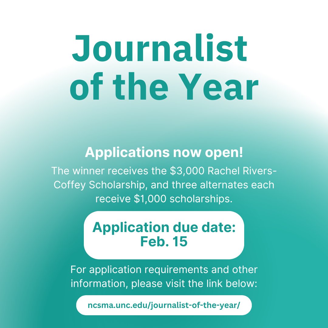 The NC High School Journalist of the Year application is now open!
The winner will receive the $3,000 Rachel Rivers-Coffey Scholarship, and three alternates each receive $1,000 scholarships.