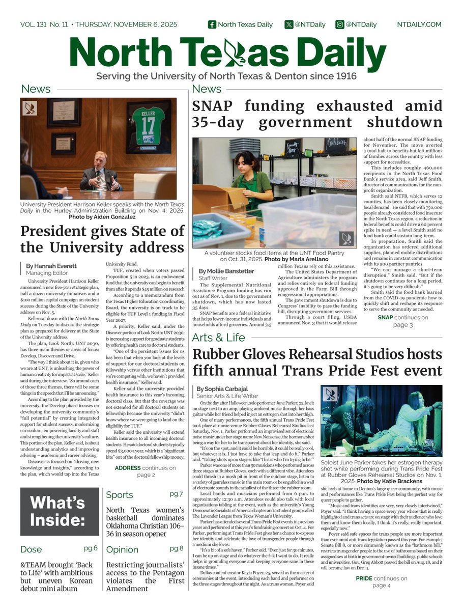 Happy Thursday! In this week's issue, check out the President's State of the University address, read our coverage on the closing of SNAP funding, a Trans Pride Fest event and more!
