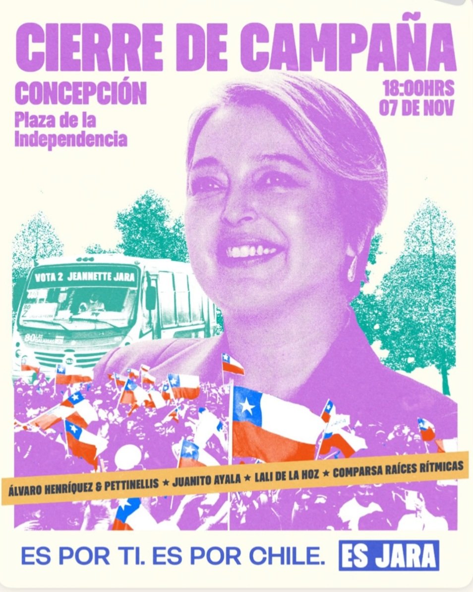 🗳🇨🇱 Line Up del Cierre de Campaña de Campaña de Jeannette Jara en Concepción, Mañana 7 de Noviembre

🔴 Alvaro Henriquez &amp; Petinellis, Juanito Ayala, Lali de la Hoz, Comparsa Raices Ritmicas

🔴 18 hrs, Plaza de la Independencia

#EsJara
#JaraEnPrimeraVuelta
#JaraPresidenta202