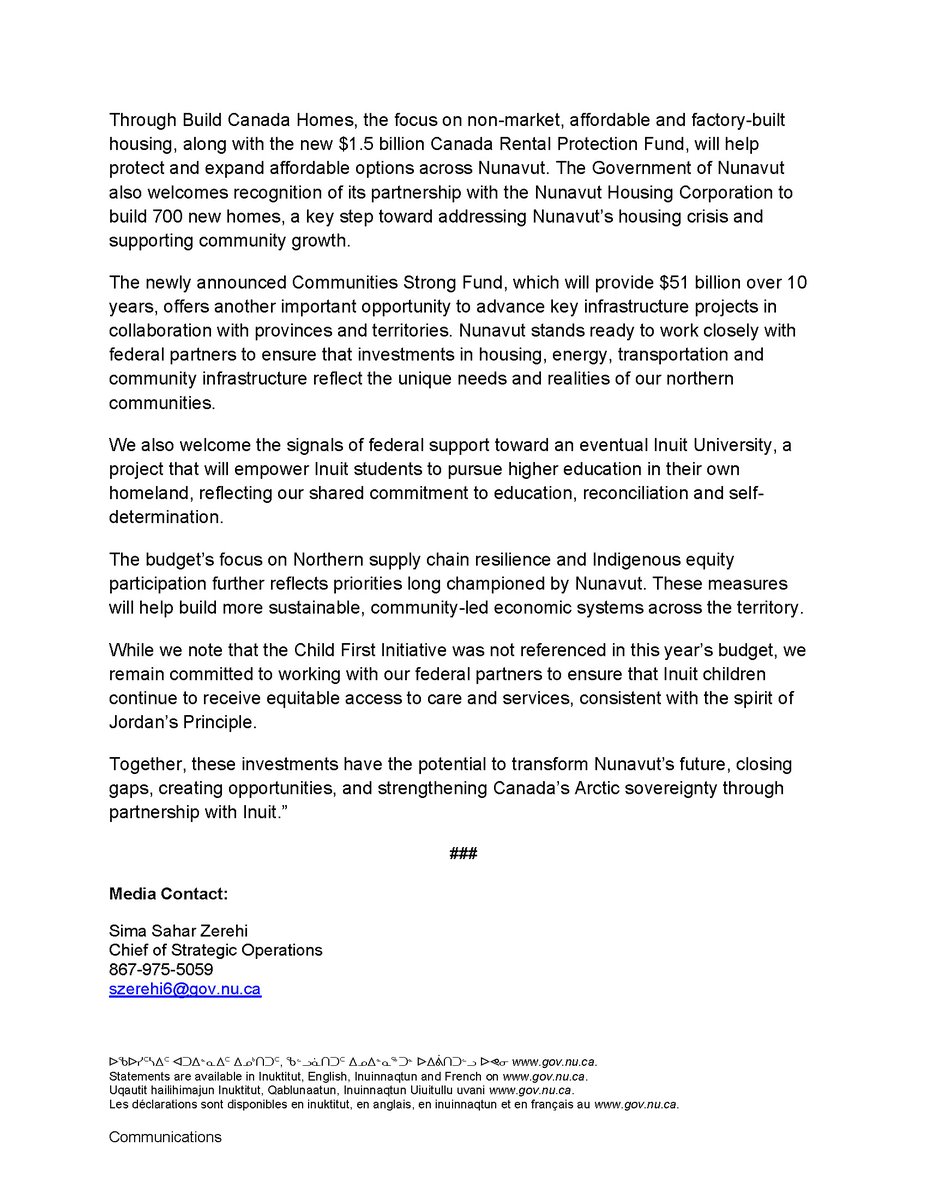 Premier Akeeagok reacts to 2025 federal budget
premier.gov.nu.ca/en/premier-ake…