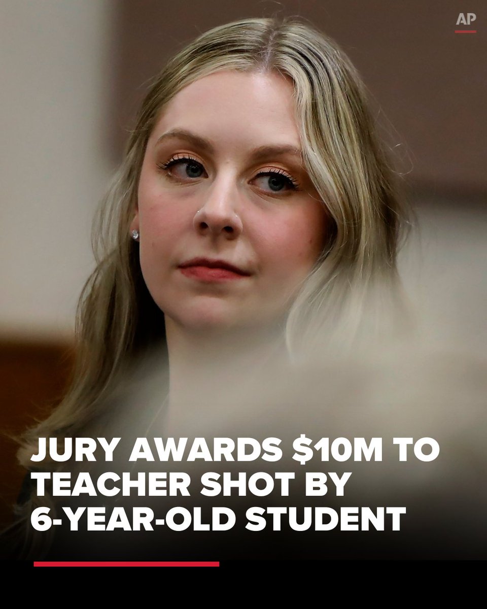 KHOU's tweet photo. JUST IN | A jury awarded $10 million to Virginia teacher Abby Zwerner, who was shot by her 6-year-old student inside her classroom in 2023: https://t.co/xoLssZF207 

(Photo: Stephen M. Katz/The Virginian-Pilot via AP, Pool) https://t.co/7mZT3PmTVj