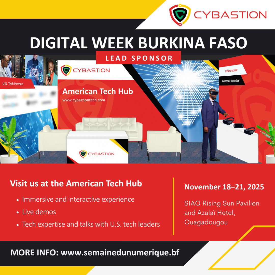 cybastion's tweet image. 🇧🇫 Cybastion is gearing up for #DigitalWeek Burkina Faso, held Nov. 18–21.

The American Tech Hub is an interactive exhibition space showcasing US digital innovations, live demos &amp;amp; hands-on activations shaping Burkina Faso&apos;s digital future.

🔗 buff.ly/0c4QngC